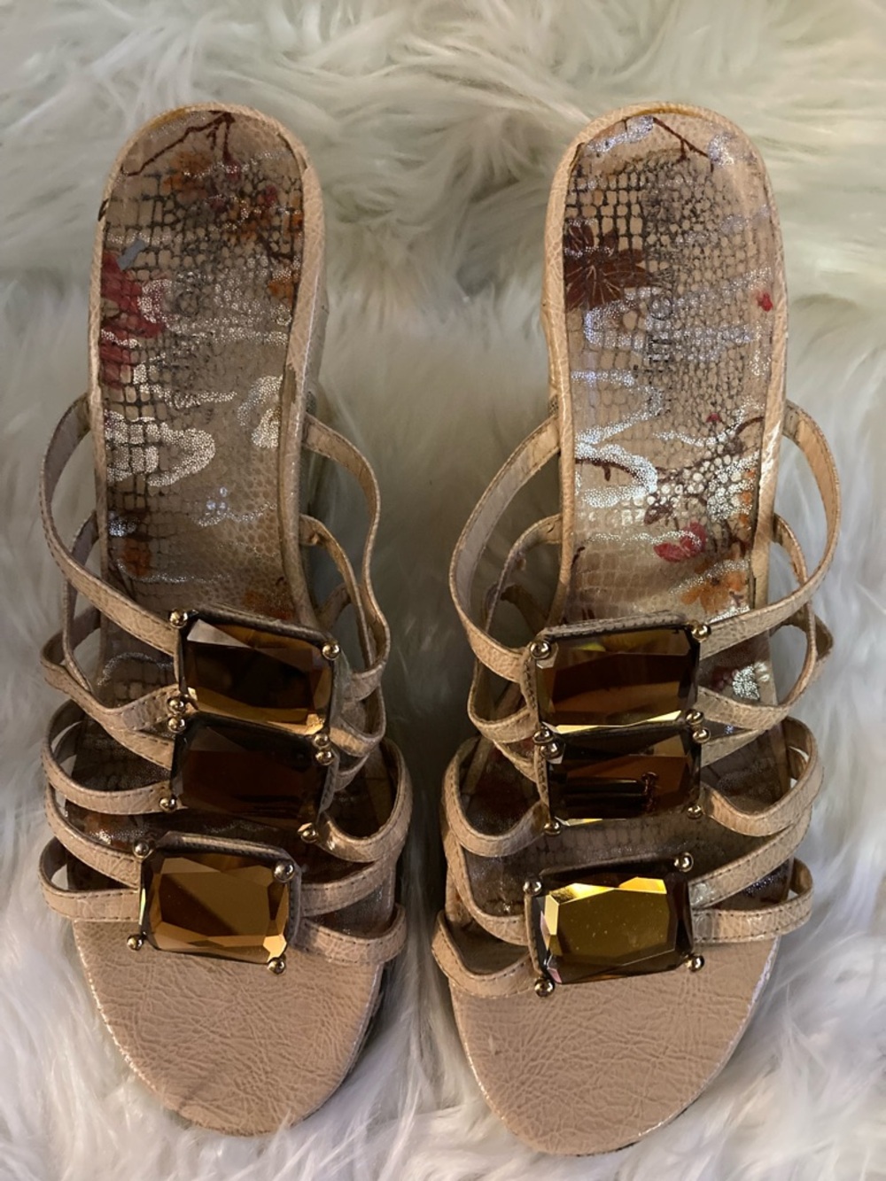 Two Lips Neutral Beige Jewel-Embellished Slide Wedges